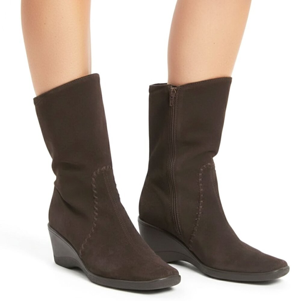 Aquatalia Suede Wedge Boots Winter Brown Y2K Square Toe Warm Lined Size Zip